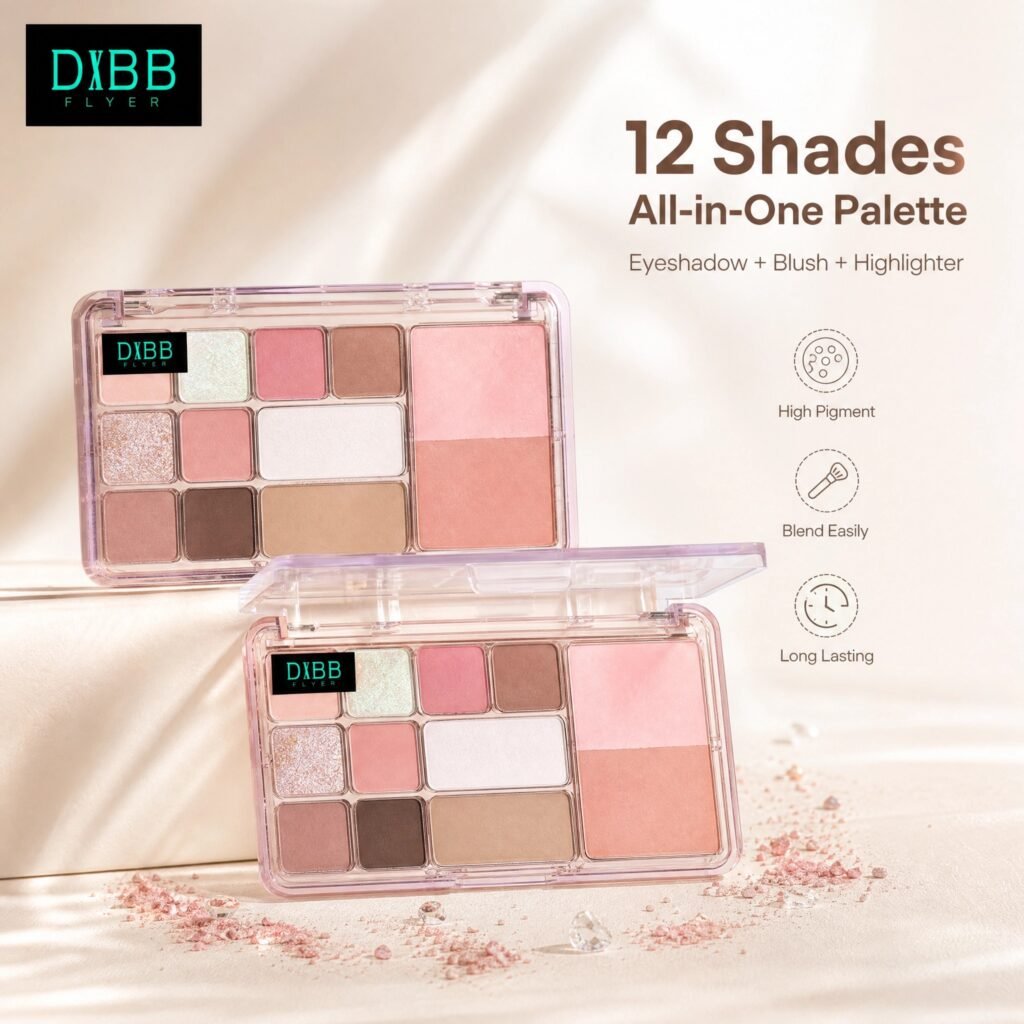 12‑Color Multi‑Function Face Palette · Eyeshadow & Blush · Matte · Shimmer · Glitter · Portable Clear Case